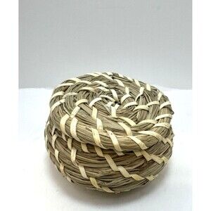 Vintage Small Handmade Woven Seagrass Trinket Basket with Lid